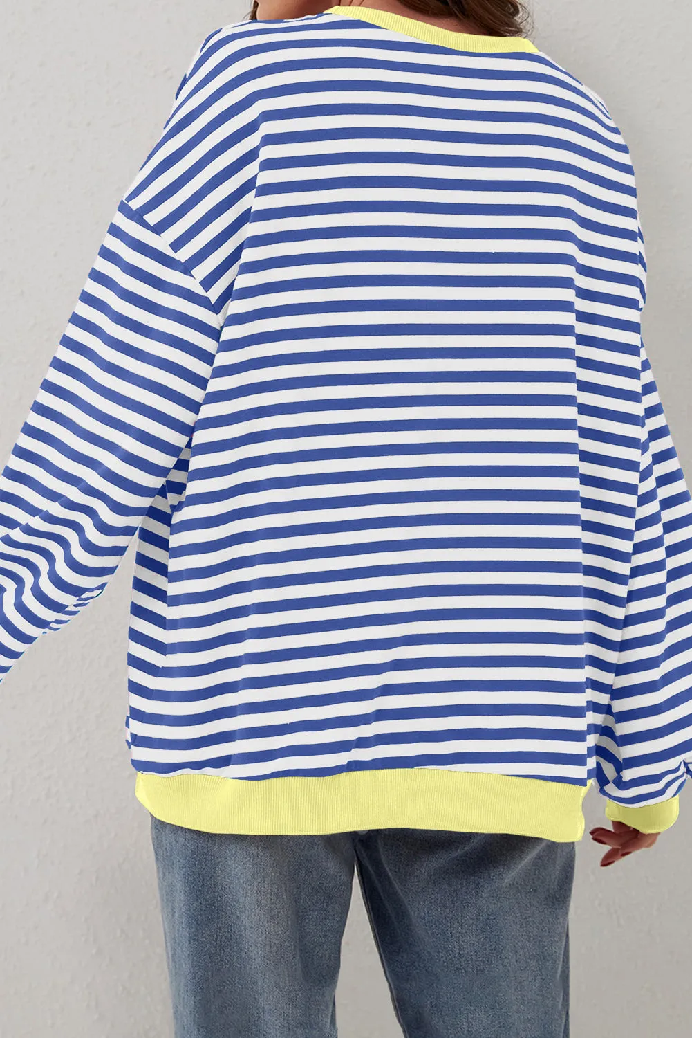 Green Stripe Oversized Contrast Trim Pullover Sweatshirt