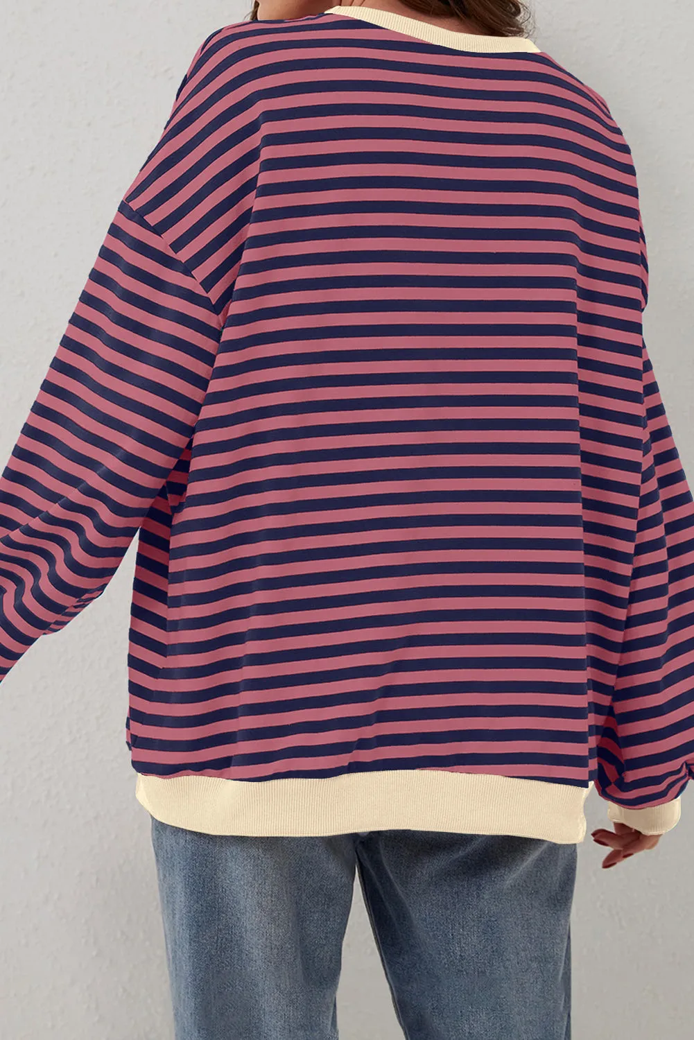 Green Stripe Oversized Contrast Trim Pullover Sweatshirt