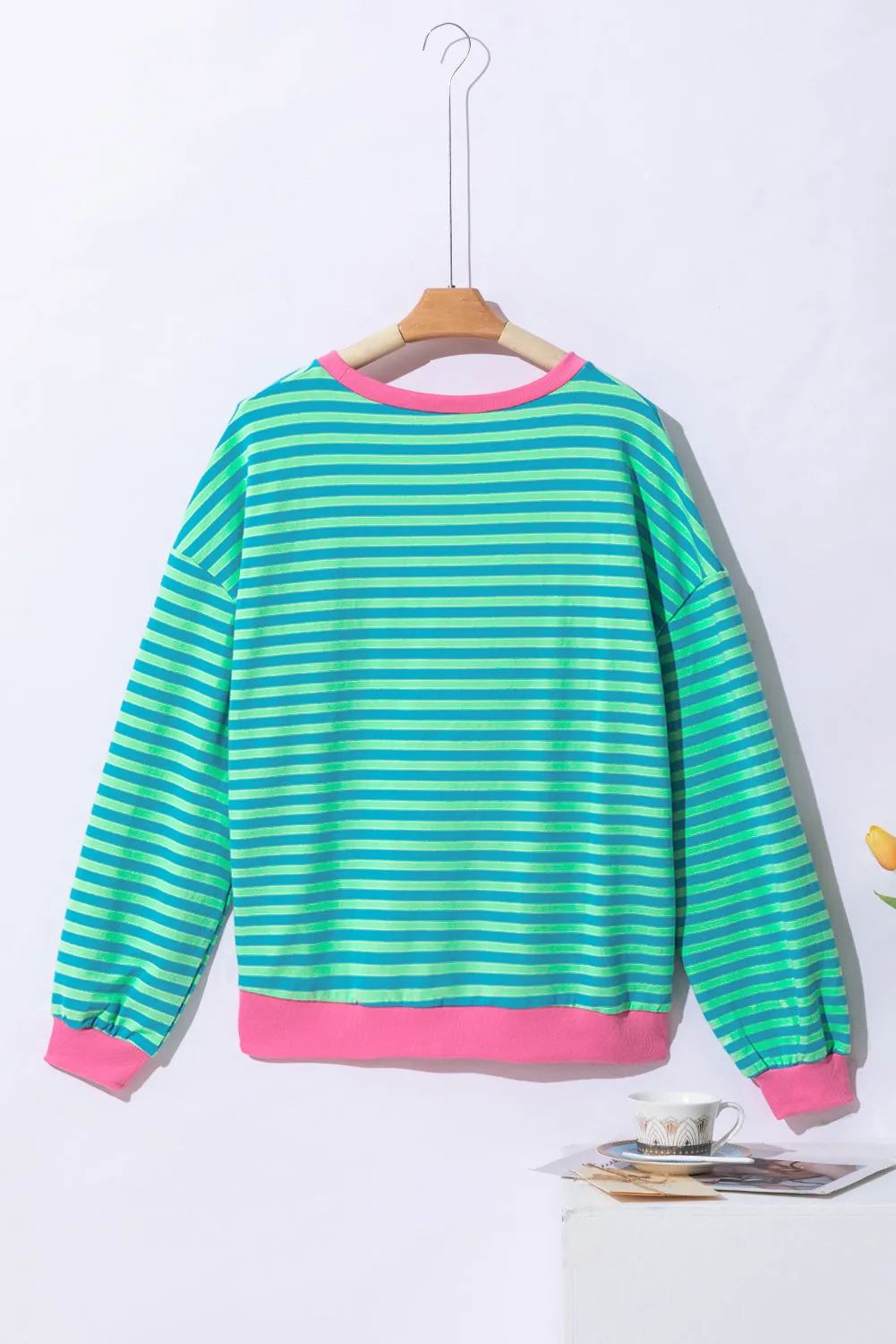 Green Stripe Oversized Contrast Trim Pullover Sweatshirt