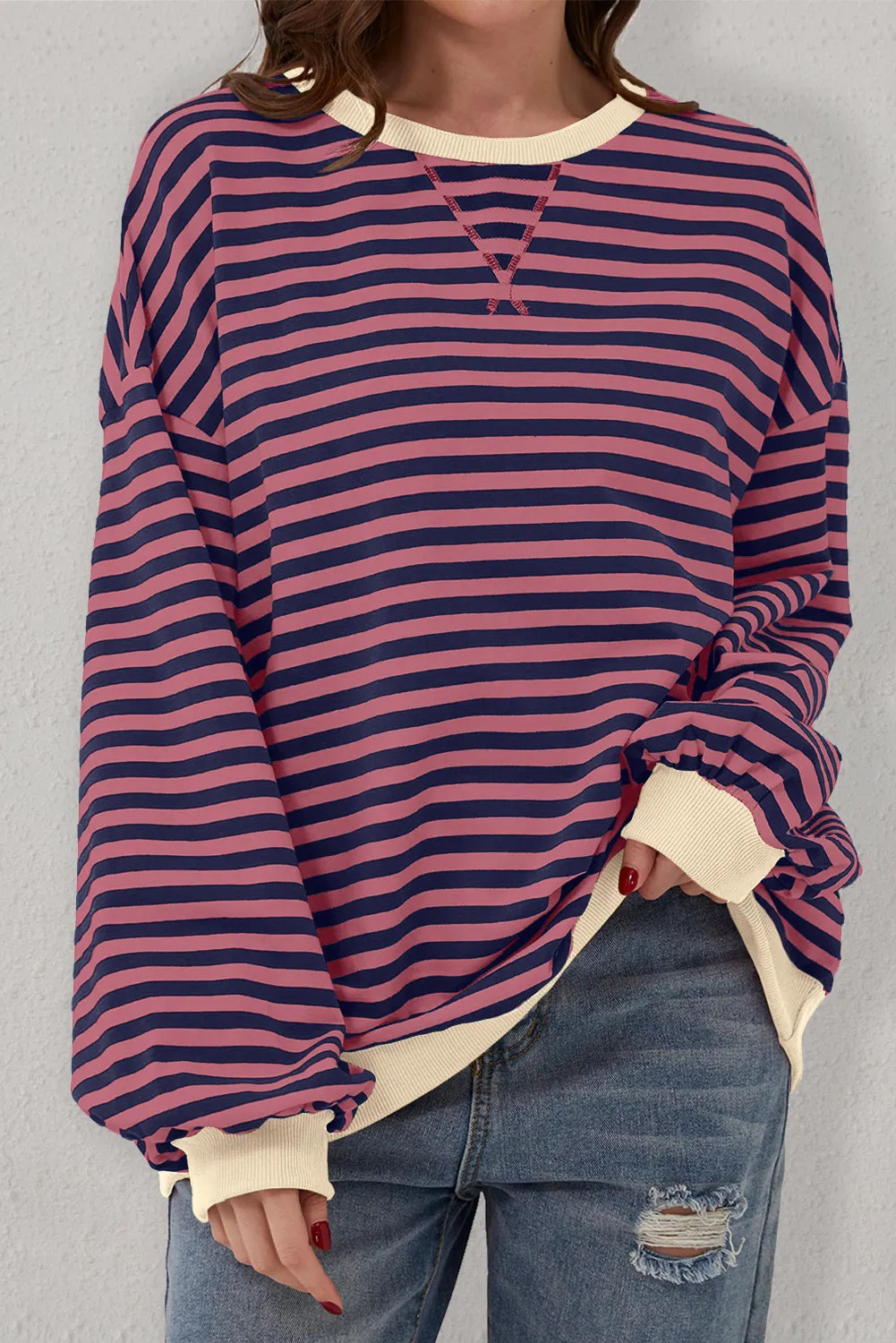 Green Stripe Oversized Contrast Trim Pullover Sweatshirt