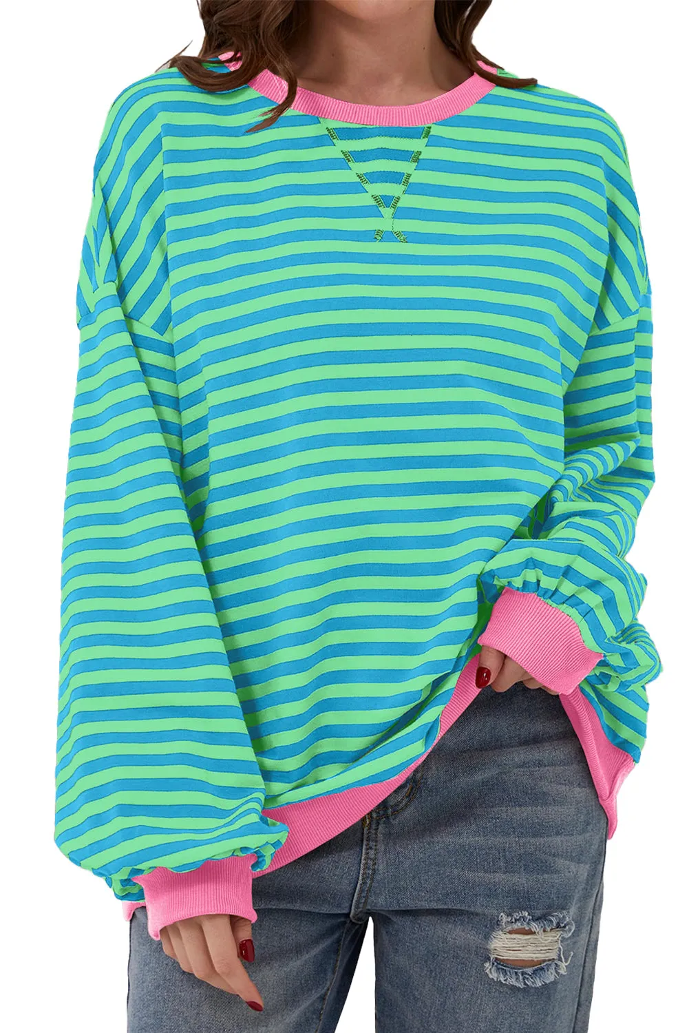Green Stripe Oversized Contrast Trim Pullover Sweatshirt