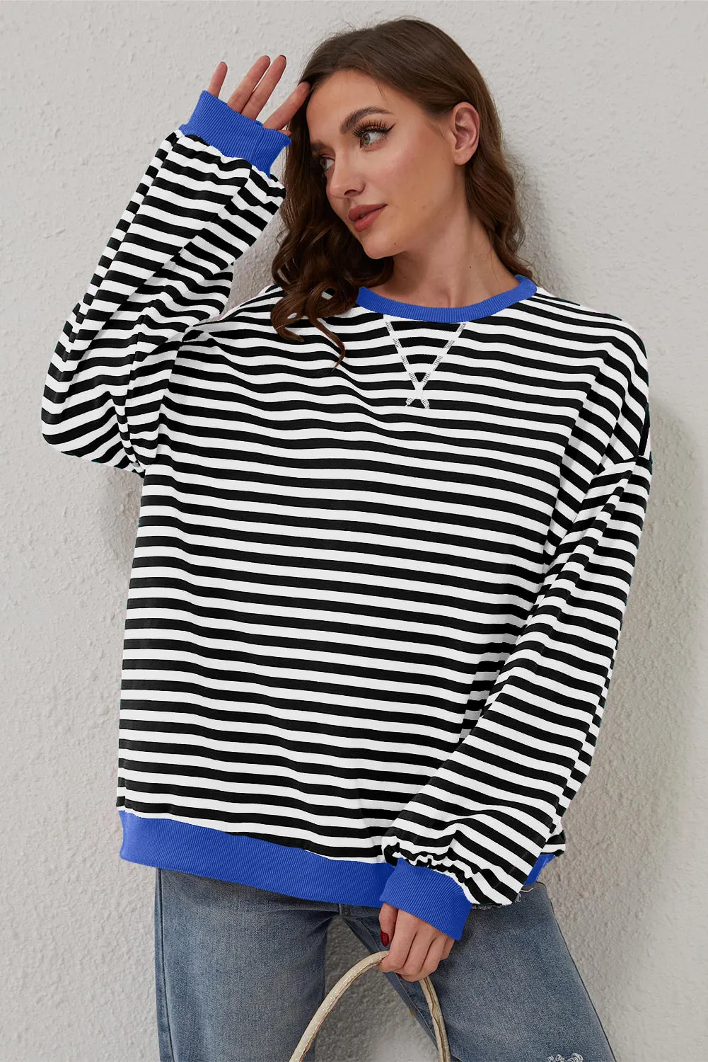 Green Stripe Oversized Contrast Trim Pullover Sweatshirt