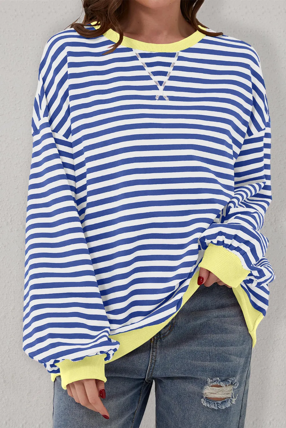 Green Stripe Oversized Contrast Trim Pullover Sweatshirt