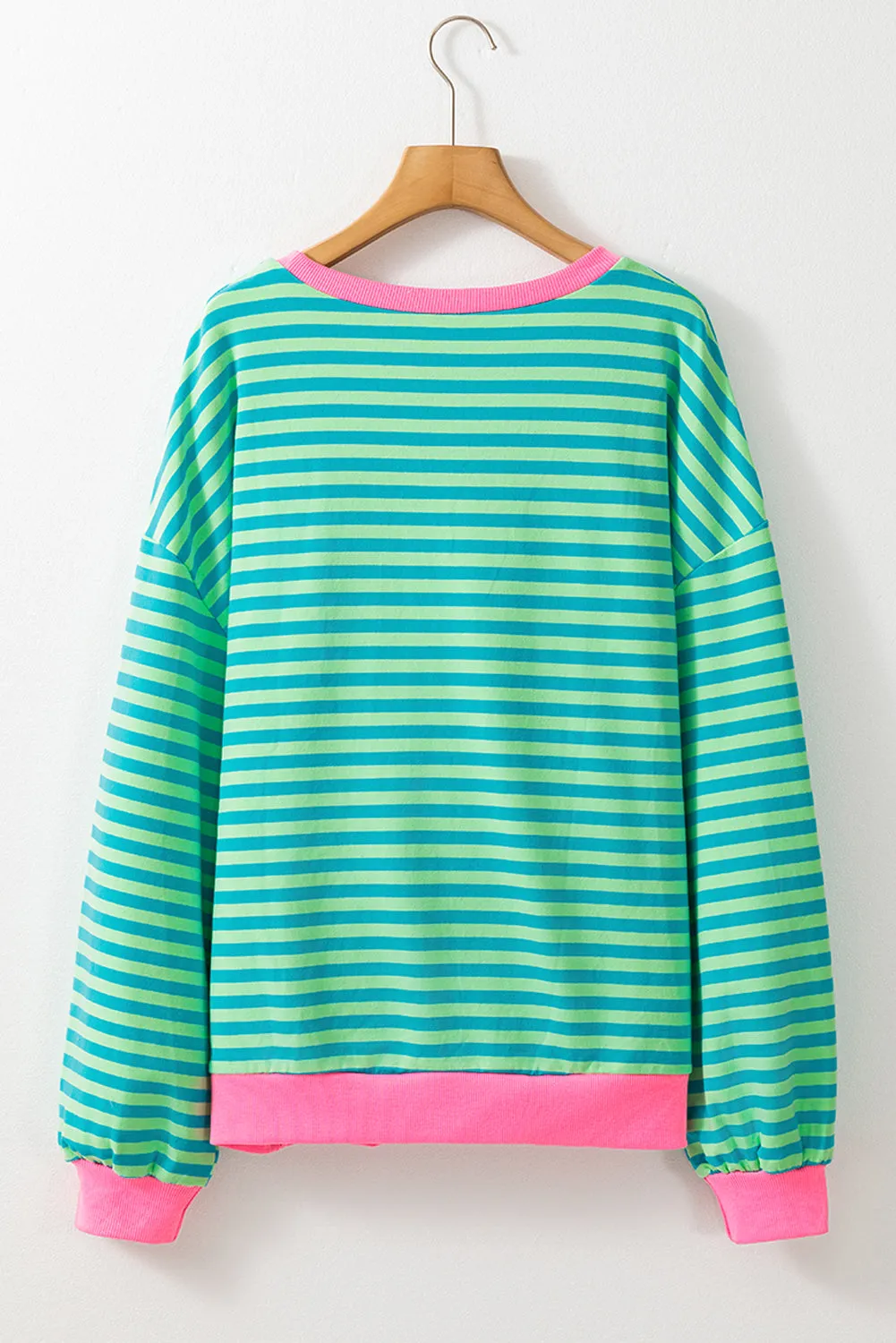 Green Stripe Oversized Contrast Trim Pullover Sweatshirt