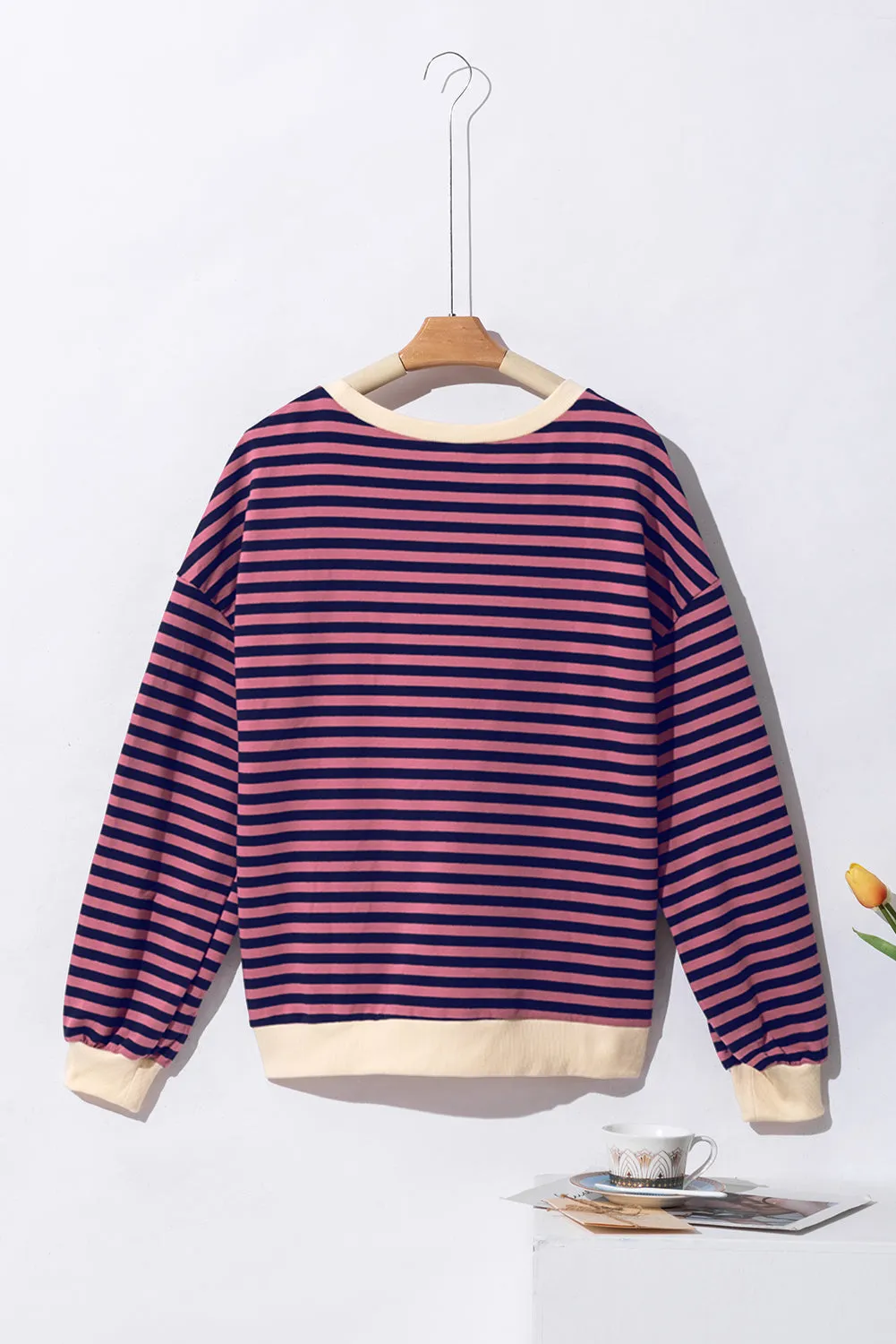 Green Stripe Oversized Contrast Trim Pullover Sweatshirt