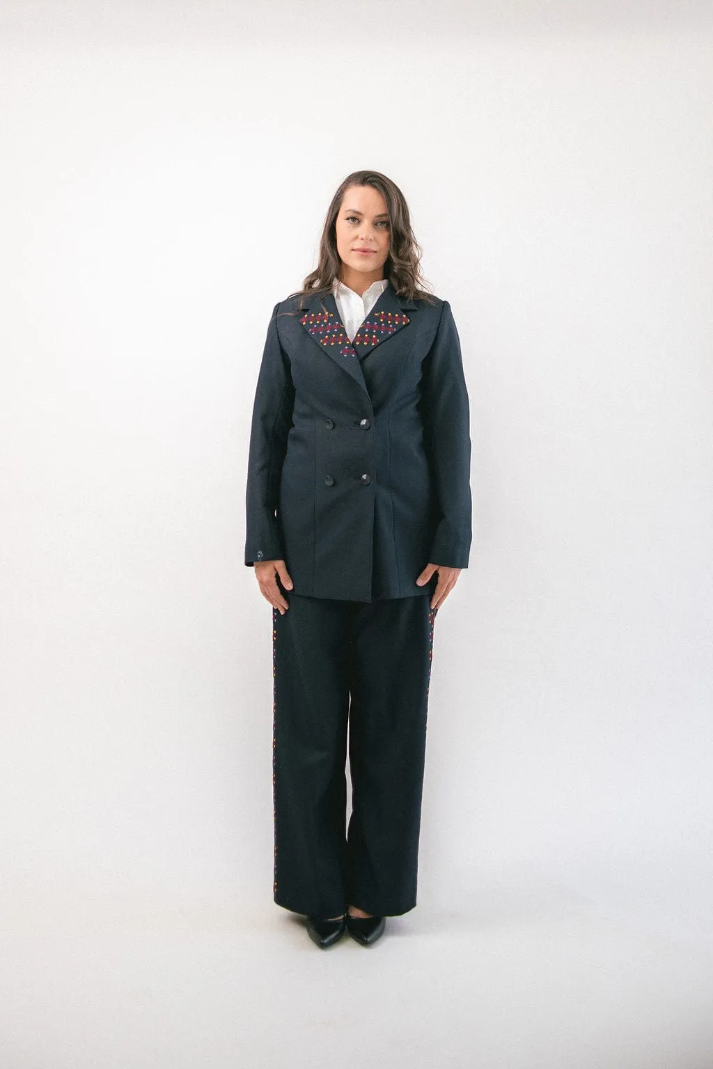 Hand-Embroidered Custom-made Women Pant Suit in Navy Blue