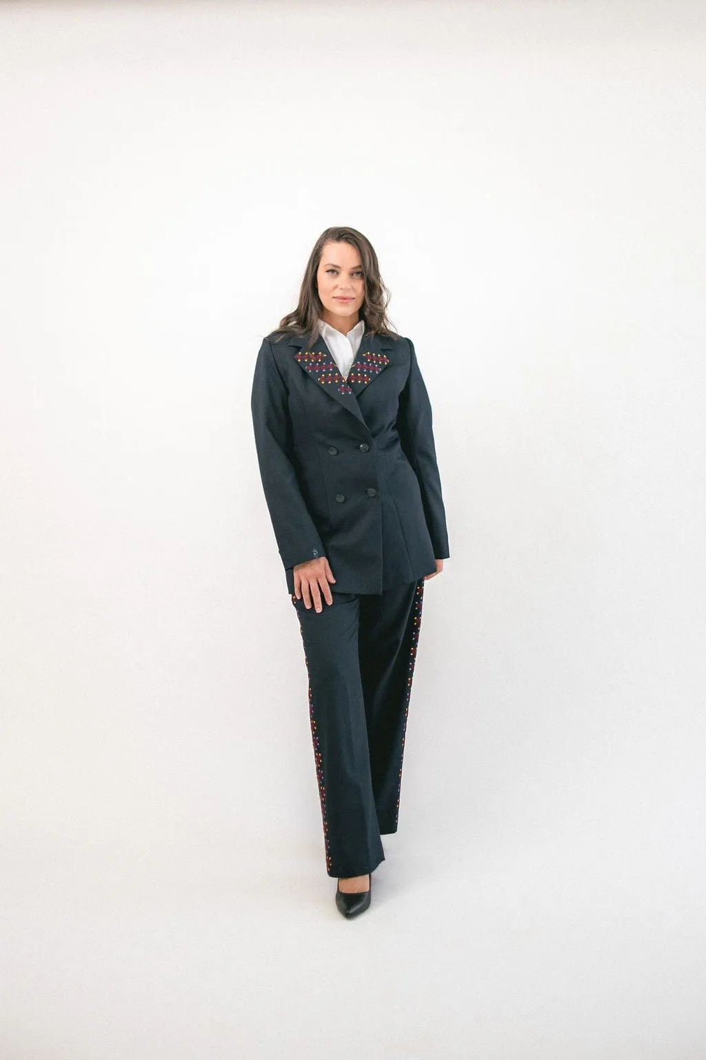 Hand-Embroidered Custom-made Women Pant Suit in Navy Blue