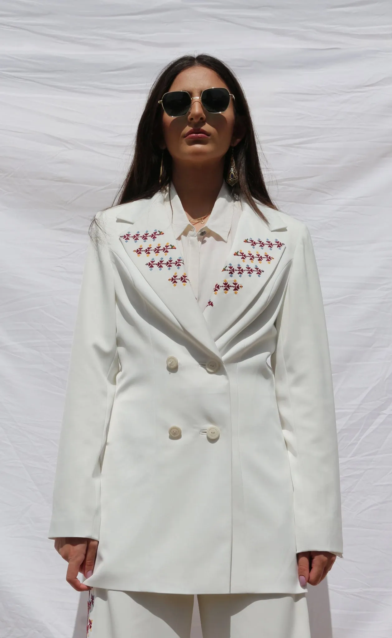 Hand-Embroidered Custom-made Women Pearl White Pants Suit
