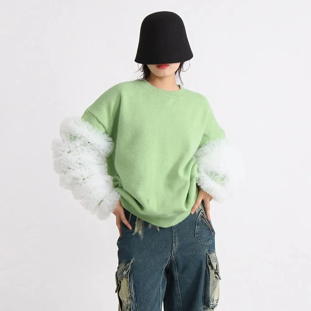 Hit Color Spliced Mesh Sweaters For Women Round Neck Long Sleeve Loose Elegant Sweater Female Fashion Clothing