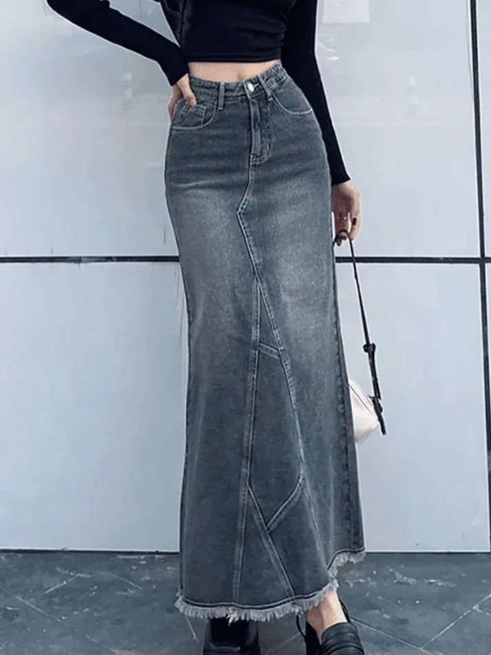 Joskaa Back Slit Patchwork Long Denim Skirt