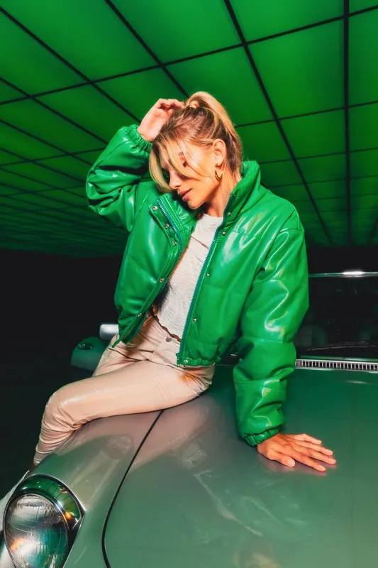 Kelly Green Faux Leather Puffer Jacket