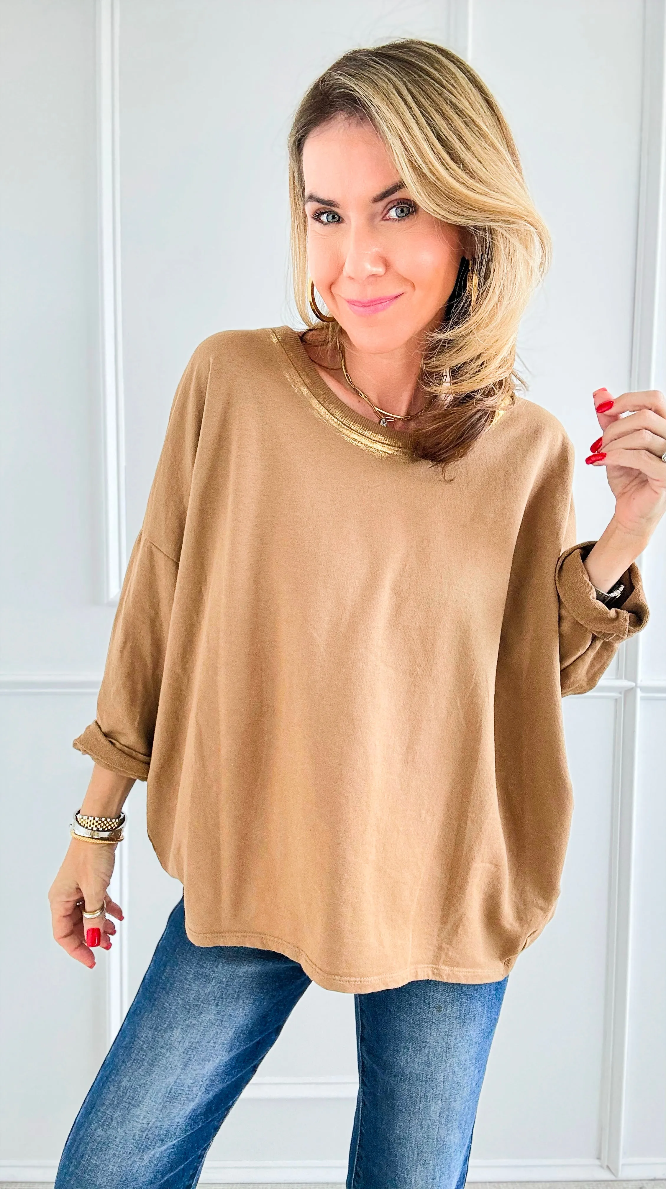 Metallic Foil Detailed Comfort Italian Pullover- Camel/Gold