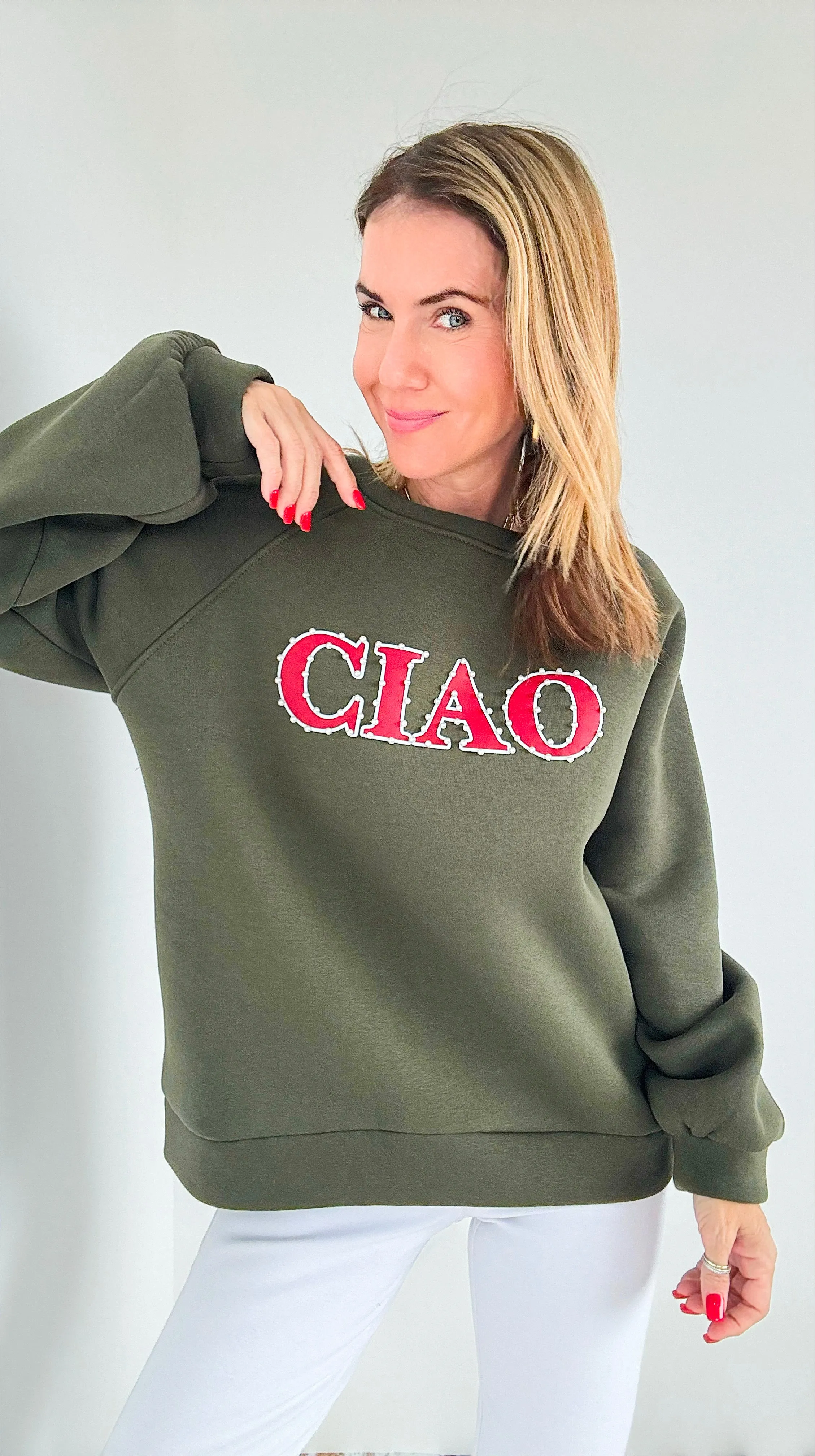 Pearl Greeting Italian Sweatshirt- Olive