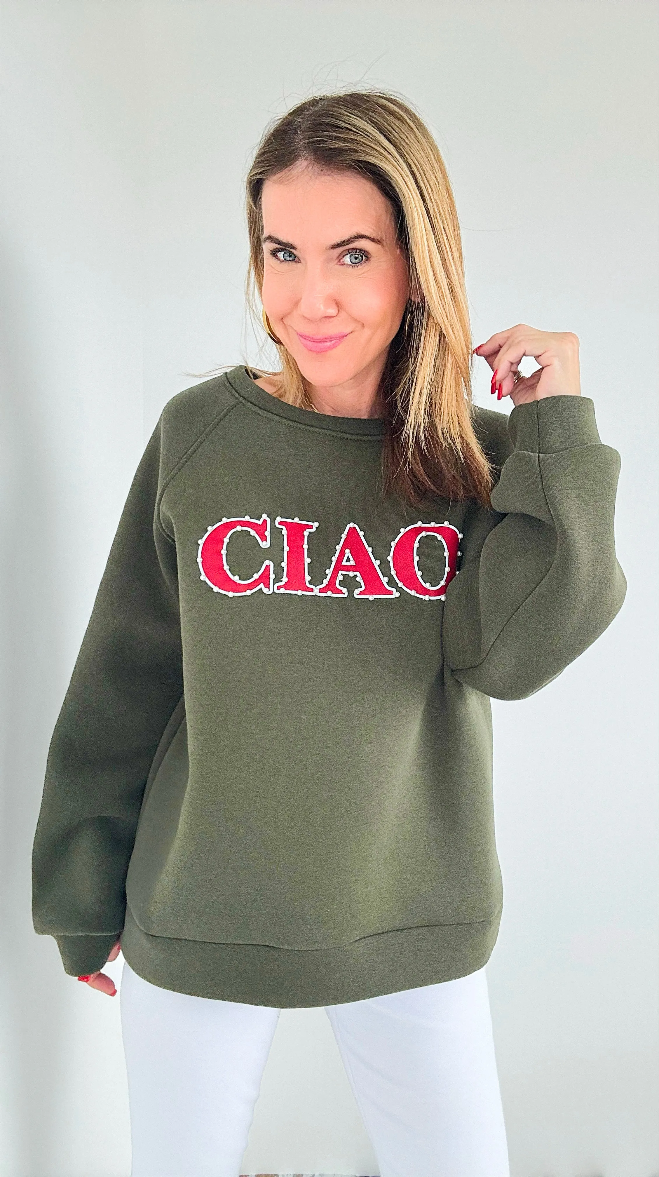 Pearl Greeting Italian Sweatshirt- Olive