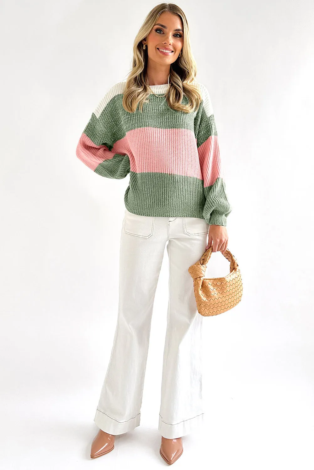Pink Colorblock Drop Shoulder Pullover Loose Sweater