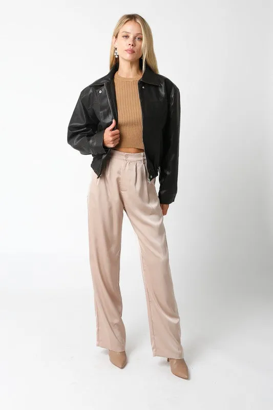 Riley Distressed Vegan Leather Pilot Bomber Jacket -