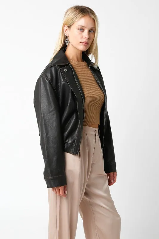 Riley Distressed Vegan Leather Pilot Bomber Jacket -