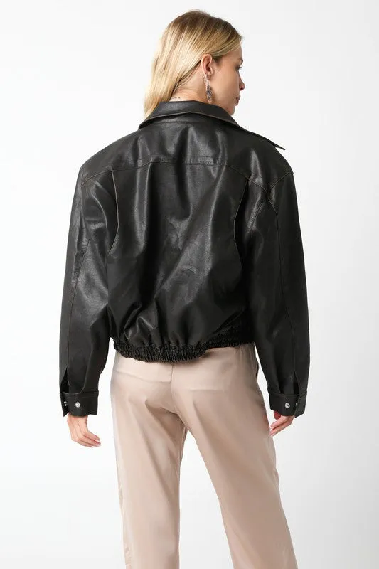 Riley Distressed Vegan Leather Pilot Bomber Jacket -