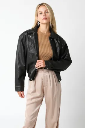 Riley Distressed Vegan Leather Pilot Bomber Jacket -