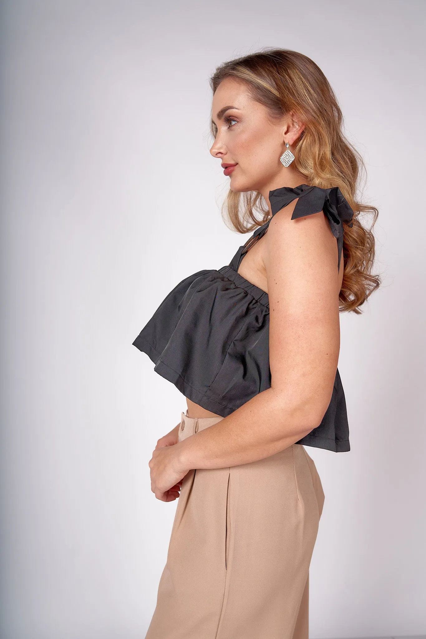 Ruffle Wooden Detail Crop Top