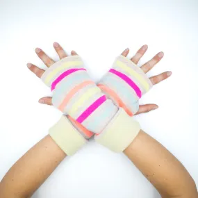 Striped and Muted Lime Luxury Reversible Cashmere Fingerless Gloves
