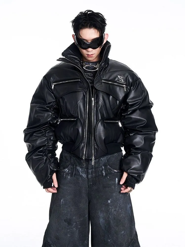 Structured & Ruched PU Leather Puffer Jacket