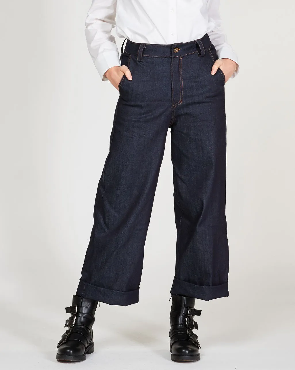 Wide Leg Cuffed Denim Trousers
