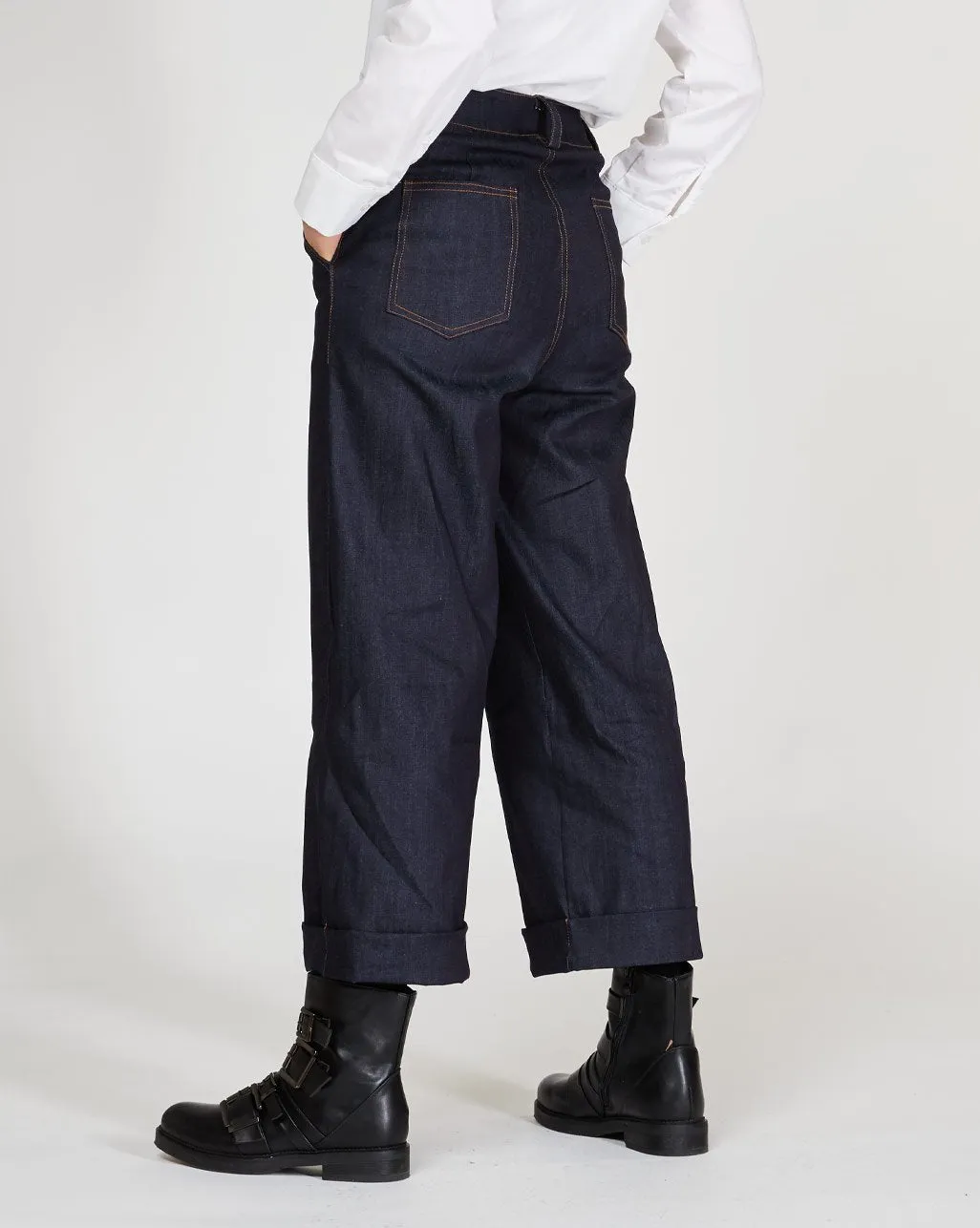 Wide Leg Cuffed Denim Trousers