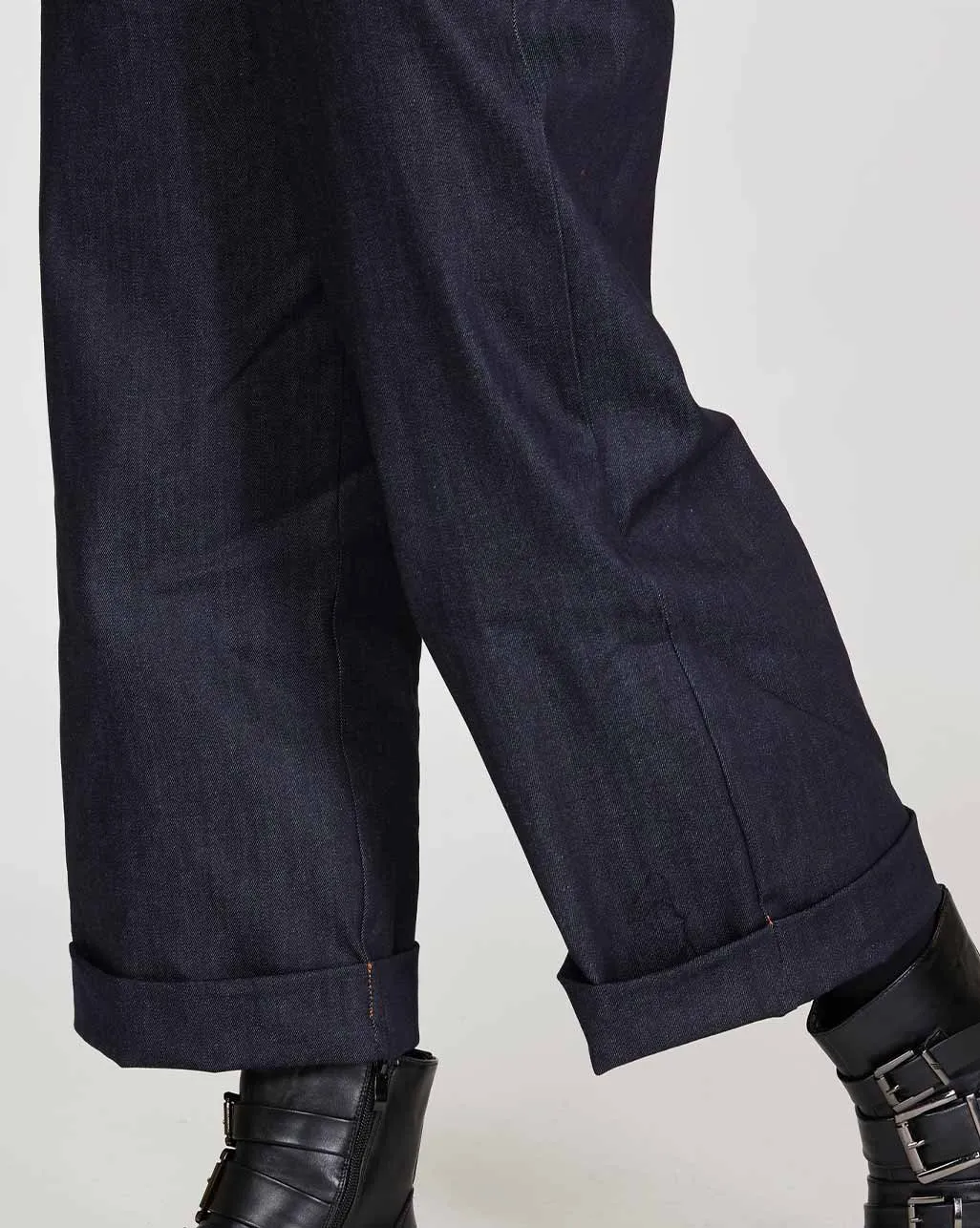 Wide Leg Cuffed Denim Trousers