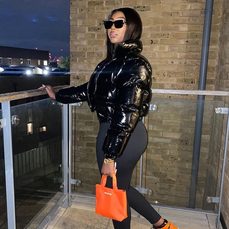 Women Baddie Winter Down Coat Casual PU Leather Long Sleeve Stand Collar Parka Thick Warm Bubble Coat Cropped Puffer Outfit Overcoat