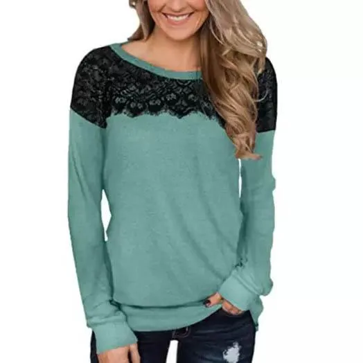 Women Fashion Black Lace Top Long Sleeve Elegant Casual Sweatshirt Blouse