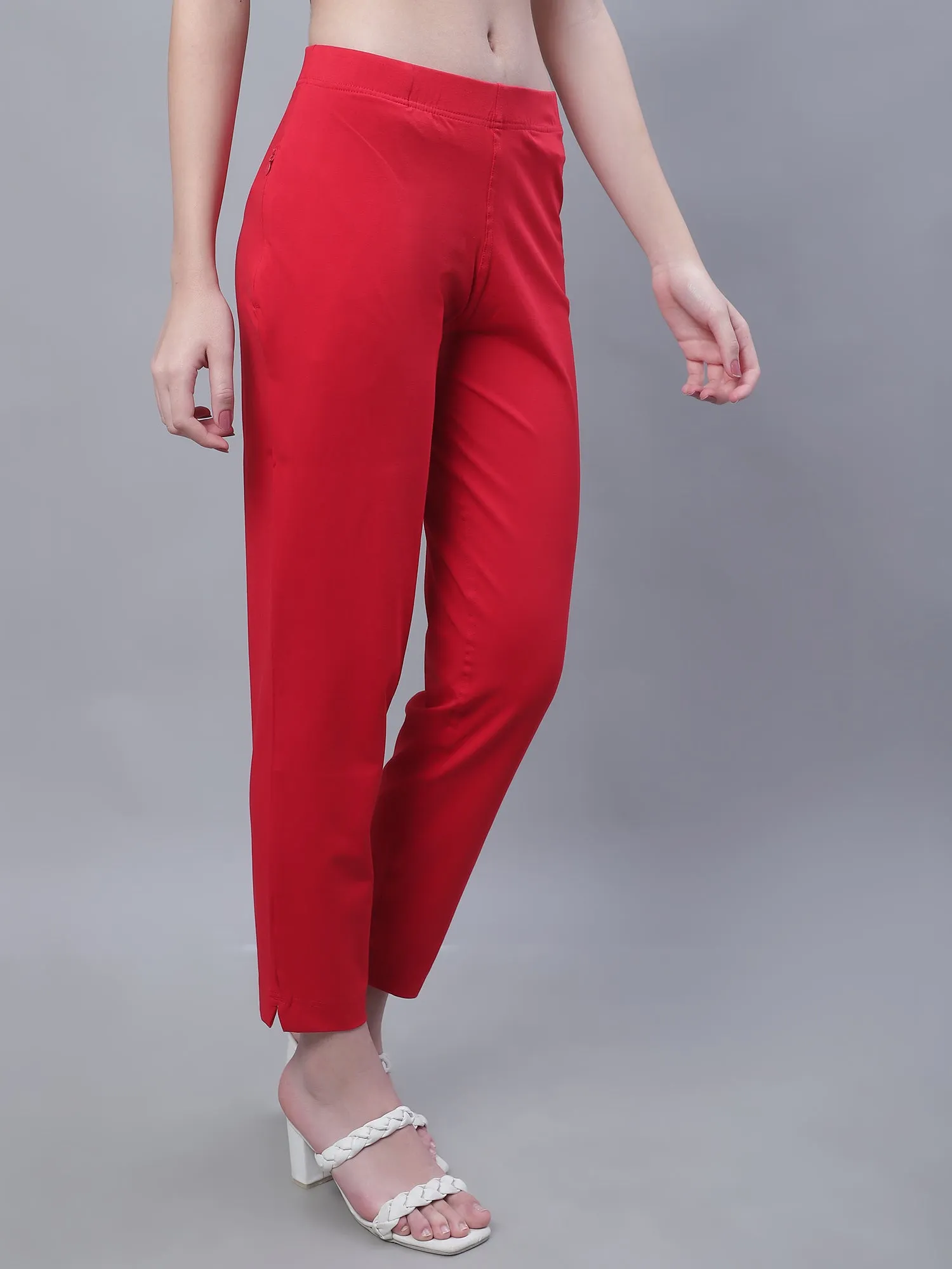 Women's Basic Regular Fit Red Flat Front Mid rise Kurti Pant